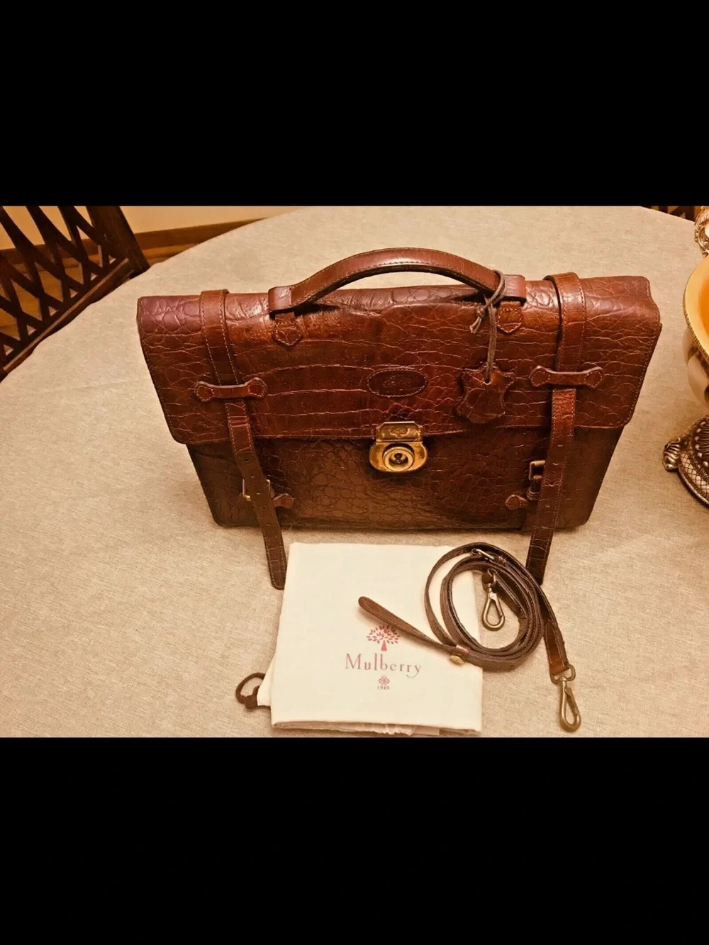 Mulberry Dark Brown Croc-Embossed Leather Briefcase with Gold Hardware